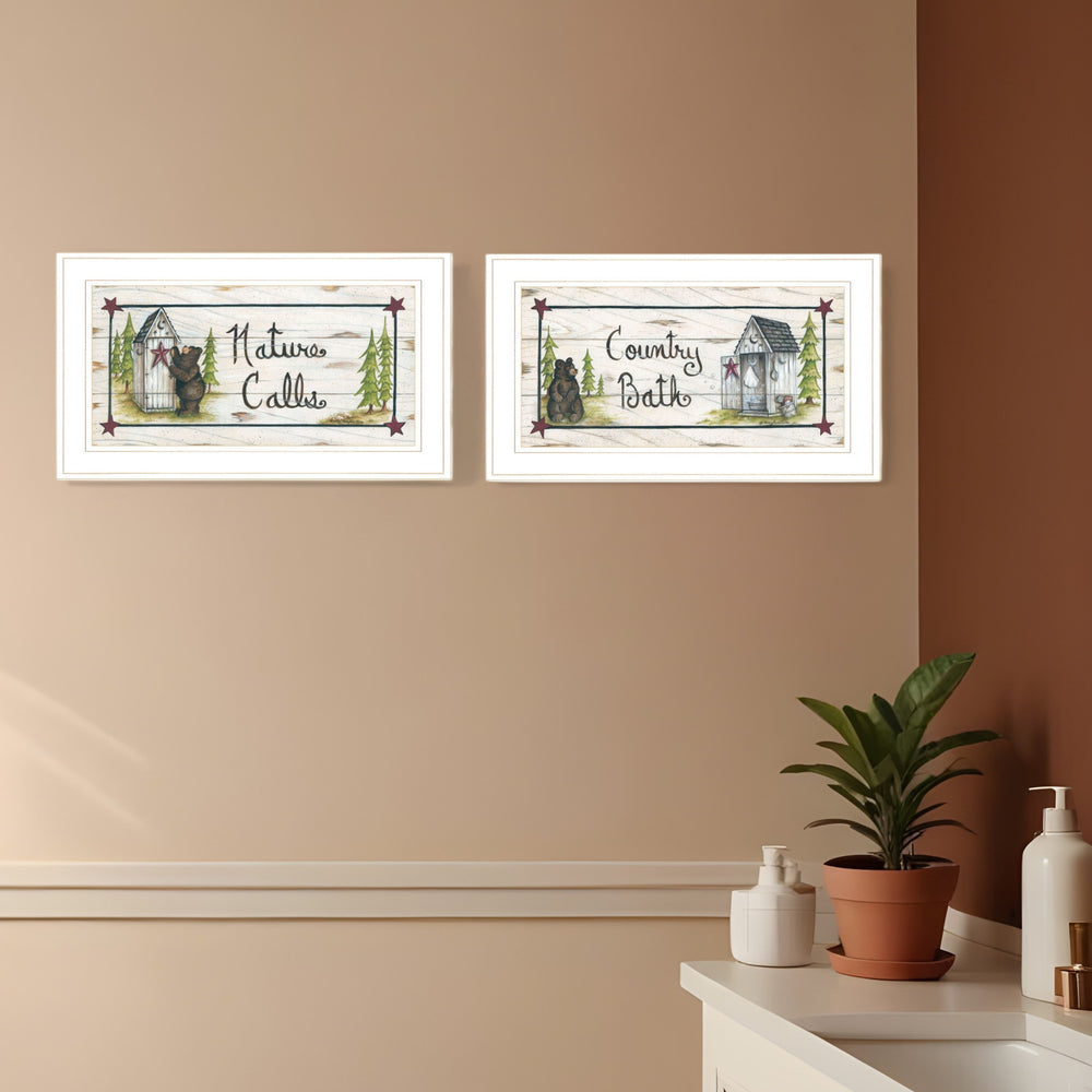 Homeroots Set Of Two Nature Calls 1 White Framed Print Bathroom Wall Art  Wood Paper 406211