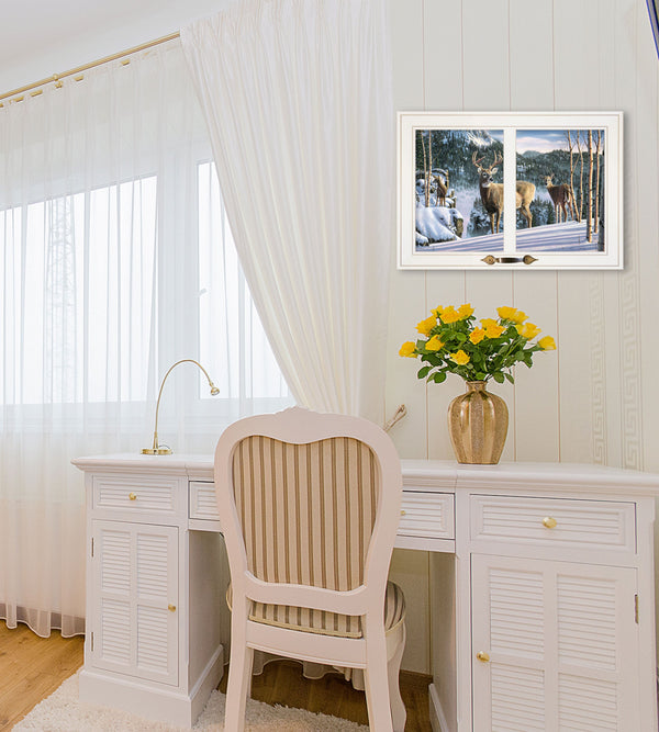 Homeroots Morning View Deer 3 White Framed Print Wall Art  Wood Paper And Texture 406247