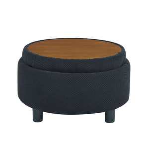 English Elm 25 Inch Round Fabric Pouf Ottoman with Removable Wooden Lid and Hidden Interior Storage Black W5568P461346