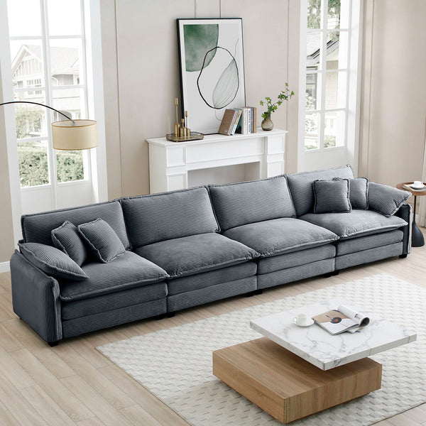 English Elm Corduroy Sofa - Modern 4-Seater Upholstered Couch With Pillows For Living Room & Office Comfort W714S00760
