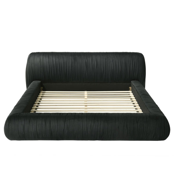 English Elm Platform Queen Bed Pleated Upholstered Frame Low Profile Contemporary Bedroom Furniture Black B2741S00834