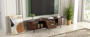 English Elm 70 Inch Mid Century Media Console with Tambour Doors Fluted Drawers and Wood Legs N710P419840P