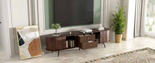 English Elm 70 Inch Mid Century Media Console with Tambour Doors Fluted Drawers and Wood Legs N710P419840P