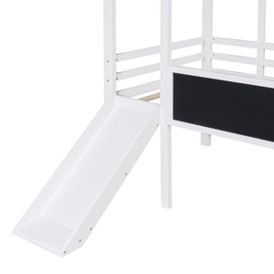 English Elm Twin House Loft Bed with Slide Chalkboard Panel and Led Roofline for Kids White WF324323AAK