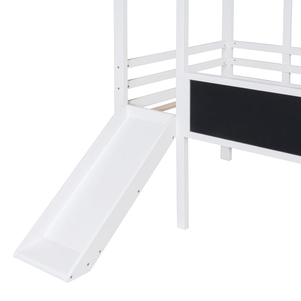 English Elm Twin House Loft Bed with Slide Chalkboard Panel and Led Roofline for Kids White WF324323AAK