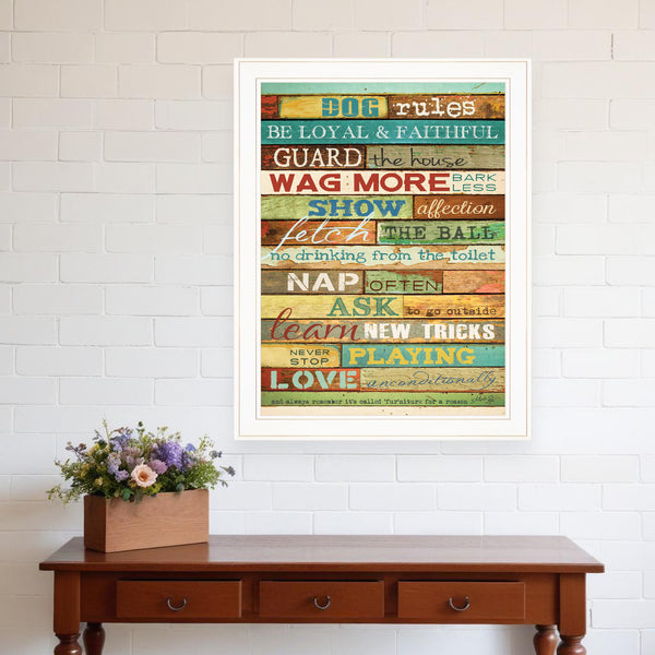 Homeroots Dog Rules 5 White Framed Print Wall Art  Wood Product Paper Print Uv Coating 406544