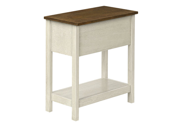 English Elm Accent Table, Two-Tier Narrow Design With Storage Drawer, Antique White & Brown Finish For Versatile Use B2710P219471