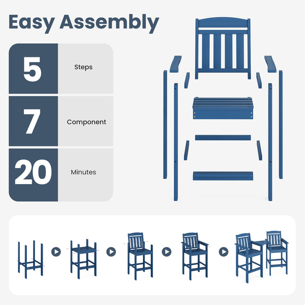 English Elm Tall Adirondack Chairs Set of 2 with Removable Tray & Umbrella Hole, Wood-Grain HDPE Bar Stools for Patio Comfort and Durability Blue T3623P408124