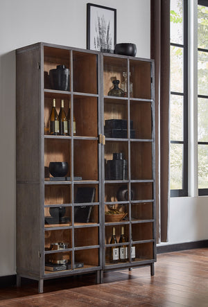 Sarreid A Gem Of A Handle Display Cabinet Right - Moleskin Grey, Acacia Wood & Steel, Sleek Glass Design Grey  40661r