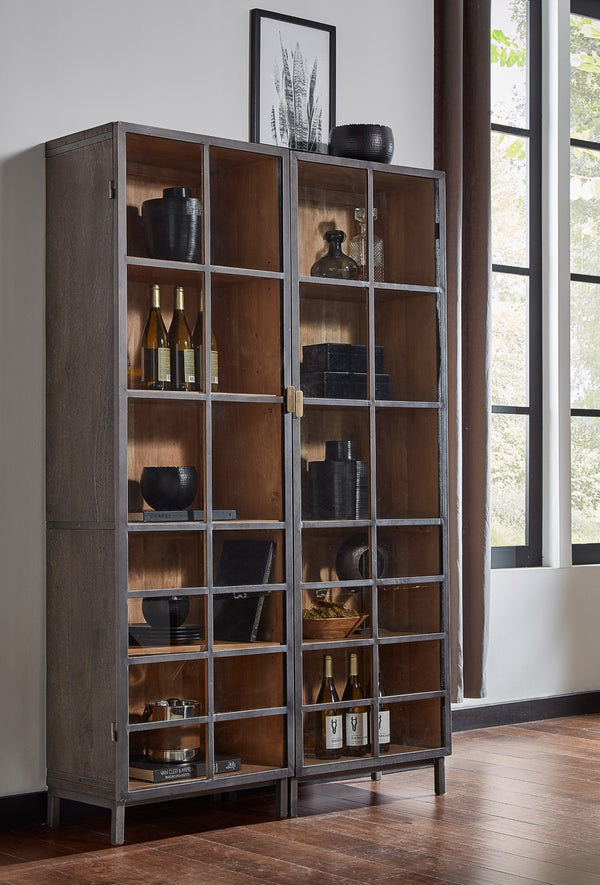 Sarreid A Gem Of A Handle Display Cabinet Right - Moleskin Grey, Acacia Wood & Steel, Sleek Glass Design Grey  40661r