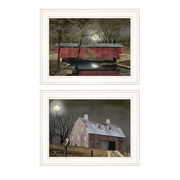 Homeroots Set Of Two Midnight Moon 1 White Framed Print Wall Art  Wood Product Paper Print Uv Coating 406641
