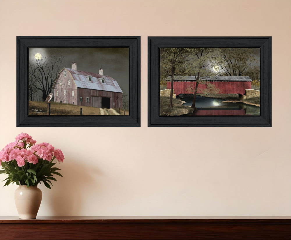 Homeroots Set Of Two Midnight Moon 2 Black Framed Print Wall Art  Wood Product Paper Print Uv Coating 406642