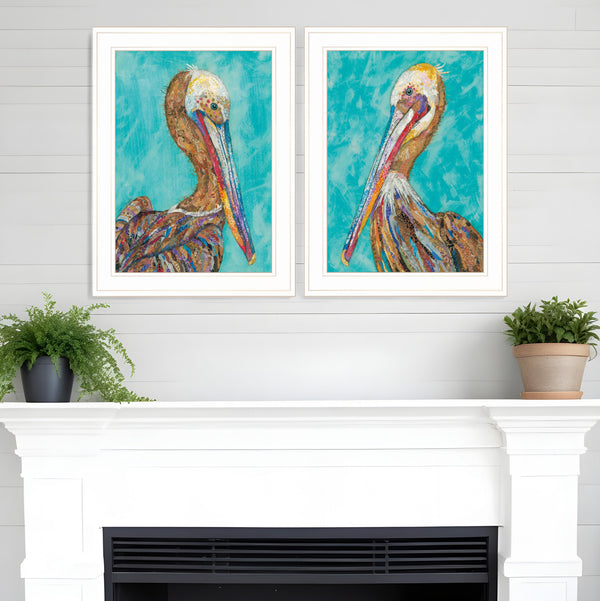 Homeroots Set Of Two Pelicans 1 White Framed Print Wall Art  Wood Product Paper Print Uv Coating 406655