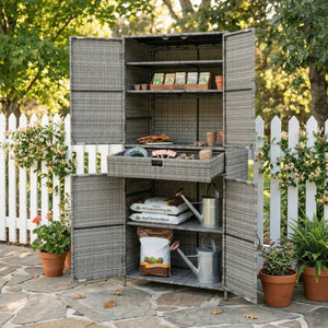 English Elm K&k Tall Arched Pe Rattan Outdoor Storage Cabinet with Adjustable Shelves and Steel Frame Grey N707P420102G