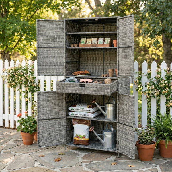 English Elm K&k Tall Arched Pe Rattan Outdoor Storage Cabinet with Adjustable Shelves and Steel Frame Grey N707P420102G