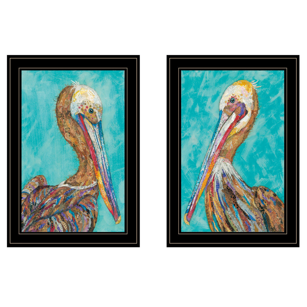 Homeroots Set Of Two Pelicans Teal Black Framed Print Wall Art  Wood Product Paper Print Uv Coating 406657