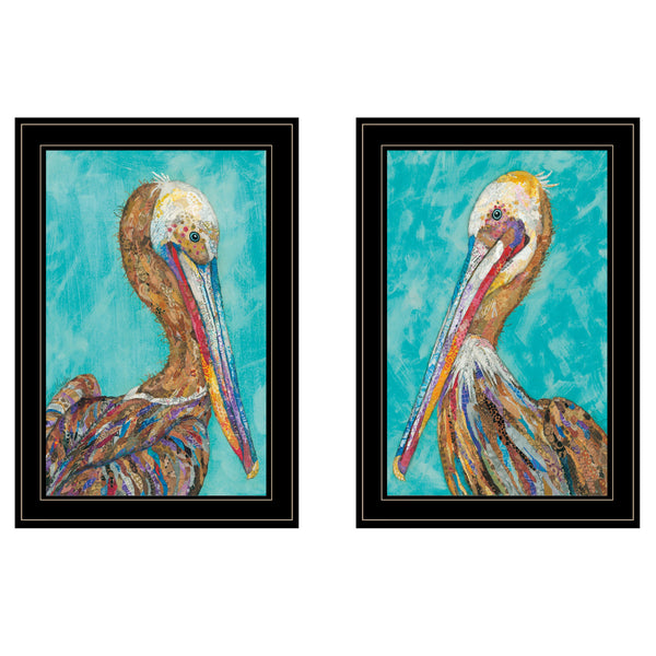 Homeroots Set Of Two Pelicans Teal Black Framed Print Wall Art  Wood Product Paper Print Uv Coating 406657