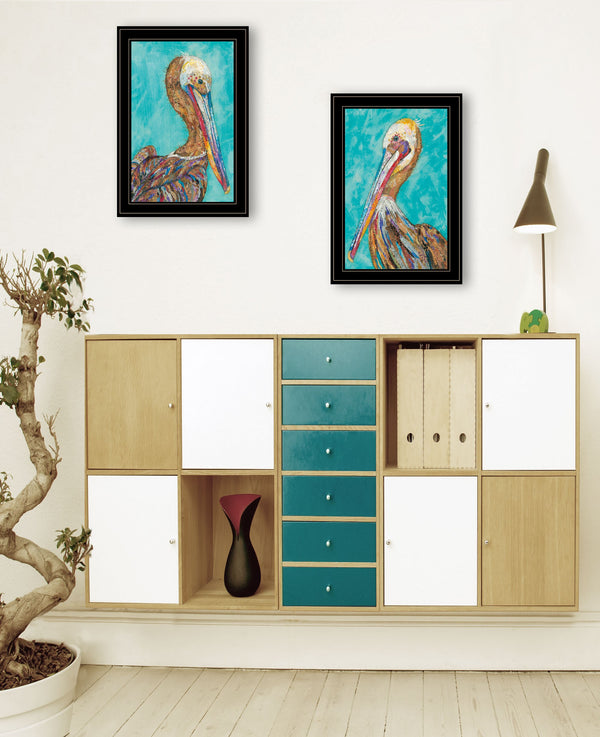 Homeroots Set Of Two Pelicans Teal Black Framed Print Wall Art  Wood Product Paper Print Uv Coating 406657