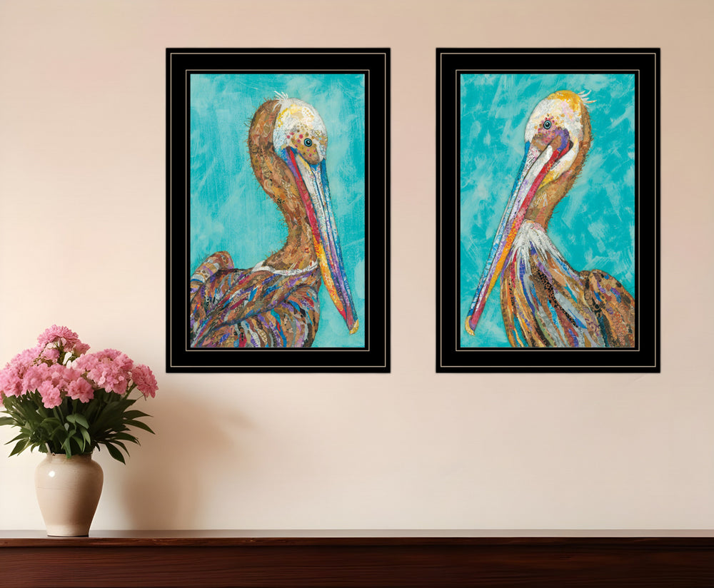 Homeroots Set Of Two Pelicans Teal Black Framed Print Wall Art  Wood Product Paper Print Uv Coating 406657