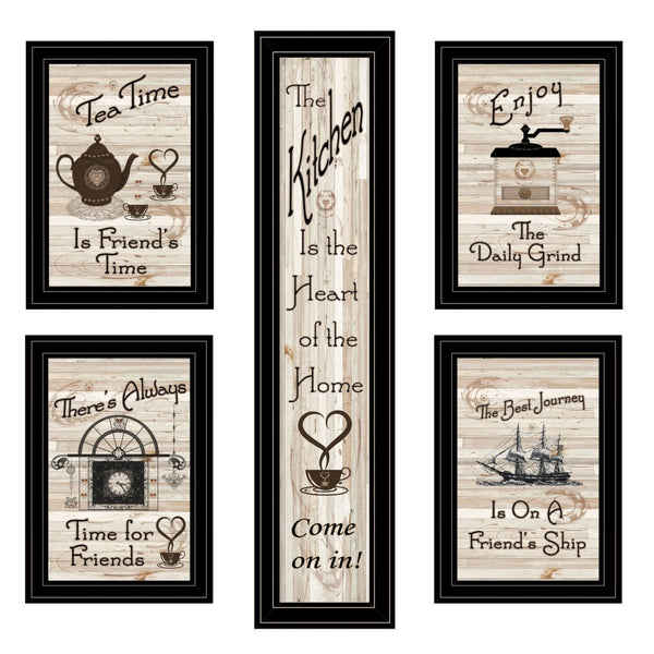 HomeRoots Set of Five Kitchen Friendship Black Framed Prints - Stylish Art for Your Walls, Perfect Display! 406664