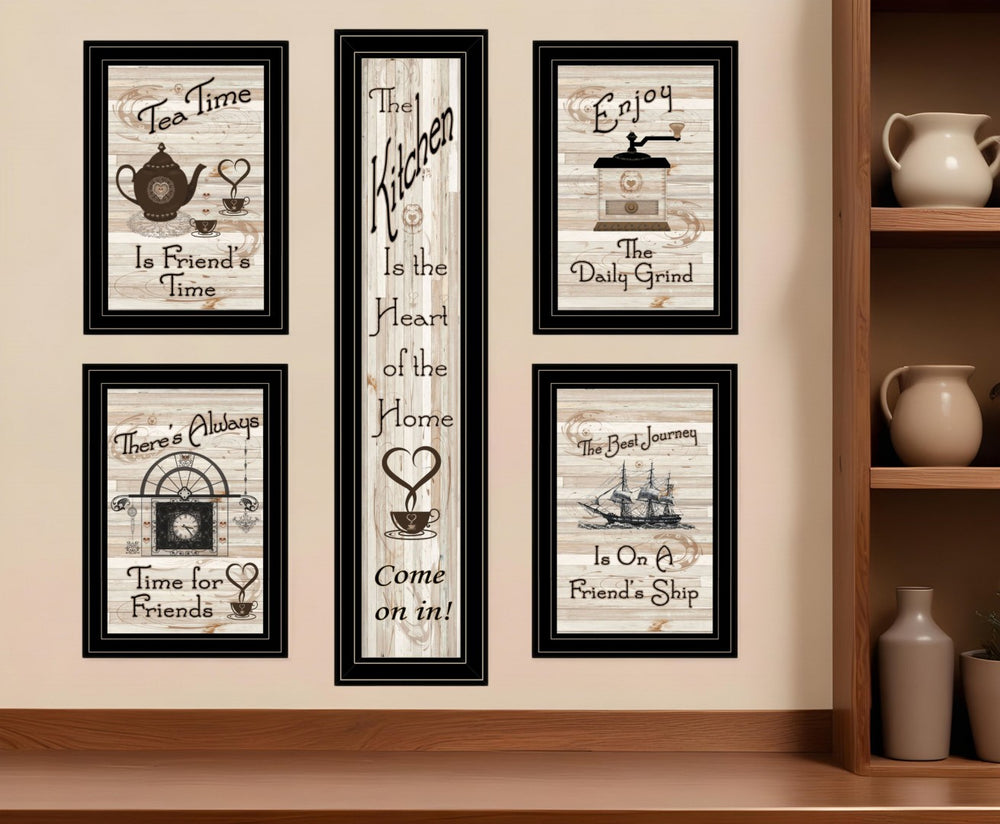 HomeRoots Set of Five Kitchen Friendship Black Framed Prints - Stylish Art for Your Walls, Perfect Display! 406664