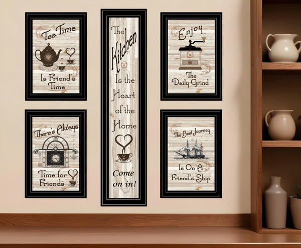 HomeRoots Set of Five Kitchen Friendship Black Framed Prints - Stylish Art for Your Walls, Perfect Display! 406664