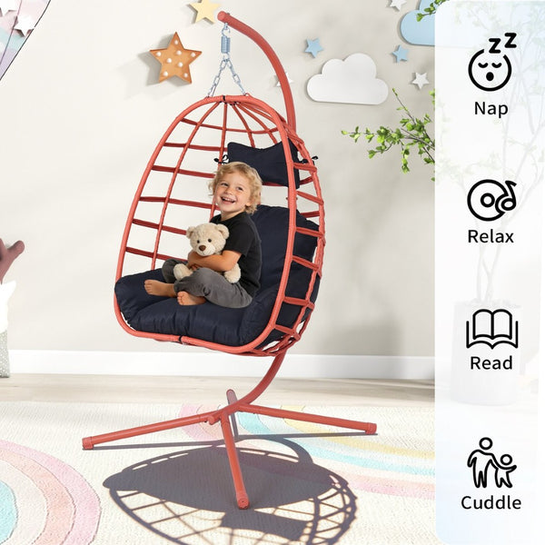 English Elm Egg Hanging Chair with Stand Pe Rattan Swing Seat Washable Cushion Patio Bedroom T5880P497443