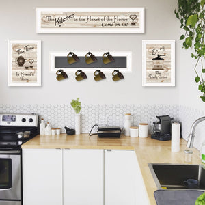 HomeRoots Set of Four Kitchen Collection: Charming Framed Prints & Seven-Peg Mug Rack for Stylish Organization 406667
