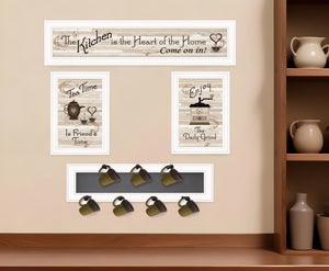 HomeRoots Set of Four Kitchen Collection: Charming Framed Prints & Seven-Peg Mug Rack for Stylish Organization 406667