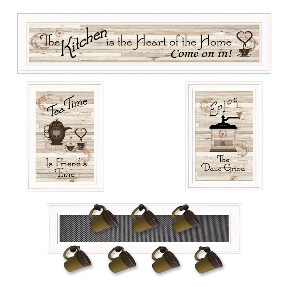 HomeRoots Set of Four Kitchen Collection: Charming Framed Prints & Seven-Peg Mug Rack for Stylish Organization 406667