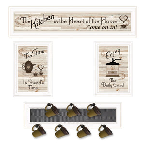 HomeRoots Set of Four Kitchen Collection: Charming Framed Prints & Seven-Peg Mug Rack for Stylish Organization 406667