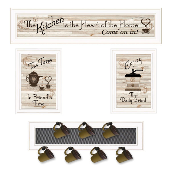 HomeRoots Set of Four Kitchen Collection: Charming Framed Prints & Seven-Peg Mug Rack for Stylish Organization 406667