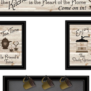 HomeRoots Set of Four Stylish Kitchen Wall Art with Seven-Peg Mug Rack - Perfect for Modern Decor & Storage 406668