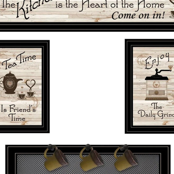 HomeRoots Set of Four Stylish Kitchen Wall Art with Seven-Peg Mug Rack - Perfect for Modern Decor & Storage 406668