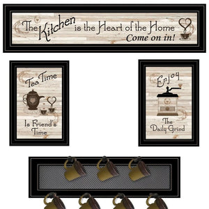 HomeRoots Set of Four Stylish Kitchen Wall Art with Seven-Peg Mug Rack - Perfect for Modern Decor & Storage 406668