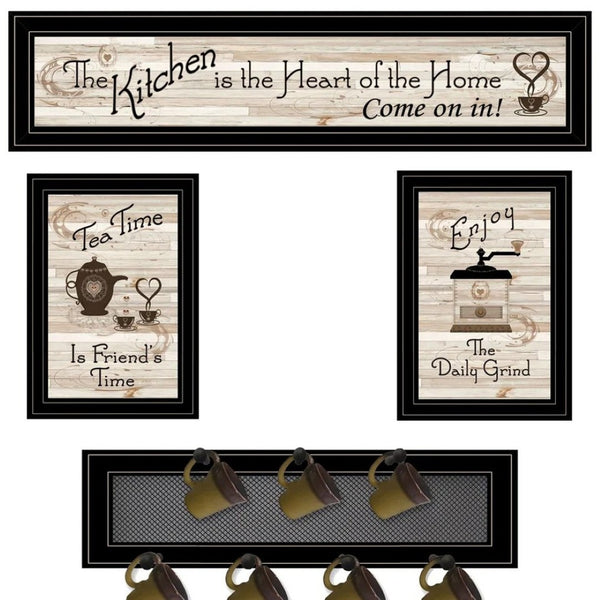 HomeRoots Set of Four Stylish Kitchen Wall Art with Seven-Peg Mug Rack - Perfect for Modern Decor & Storage 406668