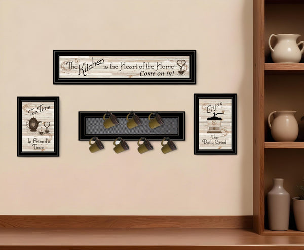 HomeRoots Set of Four Stylish Kitchen Wall Art with Seven-Peg Mug Rack - Perfect for Modern Decor & Storage 406668