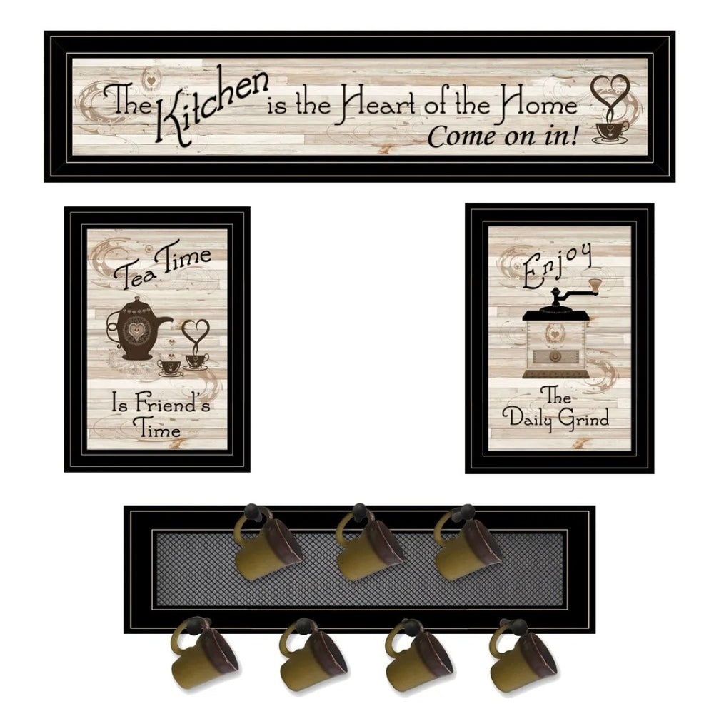 HomeRoots Set of Four Stylish Kitchen Wall Art with Seven-Peg Mug Rack - Perfect for Modern Decor & Storage 406668