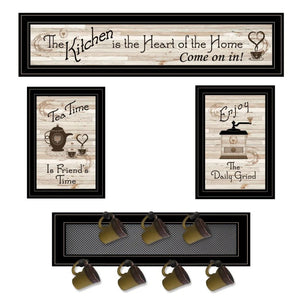 HomeRoots Set of Four Stylish Kitchen Wall Art with Seven-Peg Mug Rack - Perfect for Modern Decor & Storage 406668
