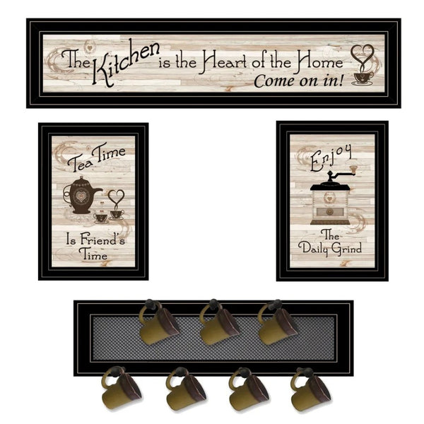 HomeRoots Set of Four Stylish Kitchen Wall Art with Seven-Peg Mug Rack - Perfect for Modern Decor & Storage 406668