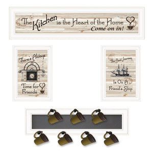 HomeRoots Set of Four Kitchen Prints with Horizontal Mug Rack - Stylish White Framed Wall Art for Storage & Decor 406669