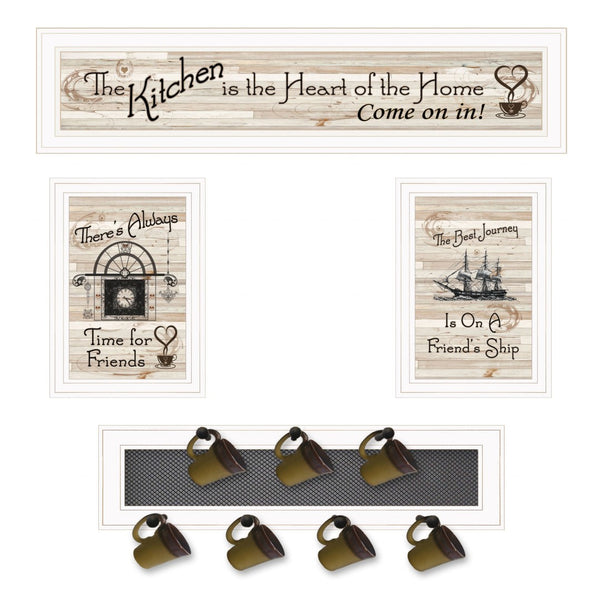 HomeRoots Set of Four Kitchen Prints with Horizontal Mug Rack - Stylish White Framed Wall Art for Storage & Decor 406669