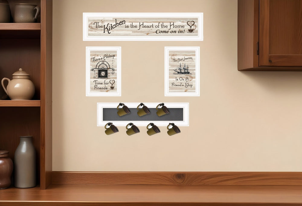 HomeRoots Set of Four Kitchen Prints with Horizontal Mug Rack - Stylish White Framed Wall Art for Storage & Decor 406669