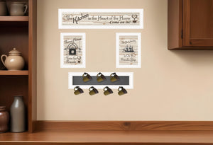 HomeRoots Set of Four Kitchen Prints with Horizontal Mug Rack - Stylish White Framed Wall Art for Storage & Decor 406669