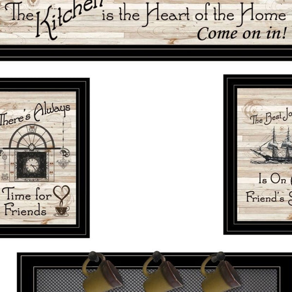 HomeRoots Set of Four Stylish Kitchen Wall Art Prints with Functional Mug Rack for a Chic Decor Upgrade 406670