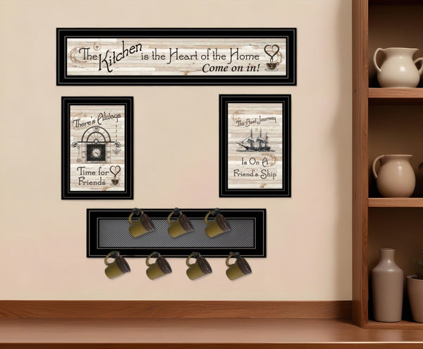 HomeRoots Set of Four Stylish Kitchen Wall Art Prints with Functional Mug Rack for a Chic Decor Upgrade 406670