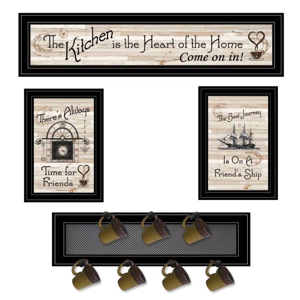HomeRoots Set of Four Stylish Kitchen Wall Art Prints with Functional Mug Rack for a Chic Decor Upgrade 406670