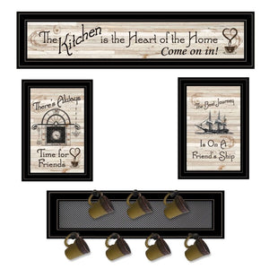 HomeRoots Set of Four Stylish Kitchen Wall Art Prints with Functional Mug Rack for a Chic Decor Upgrade 406670