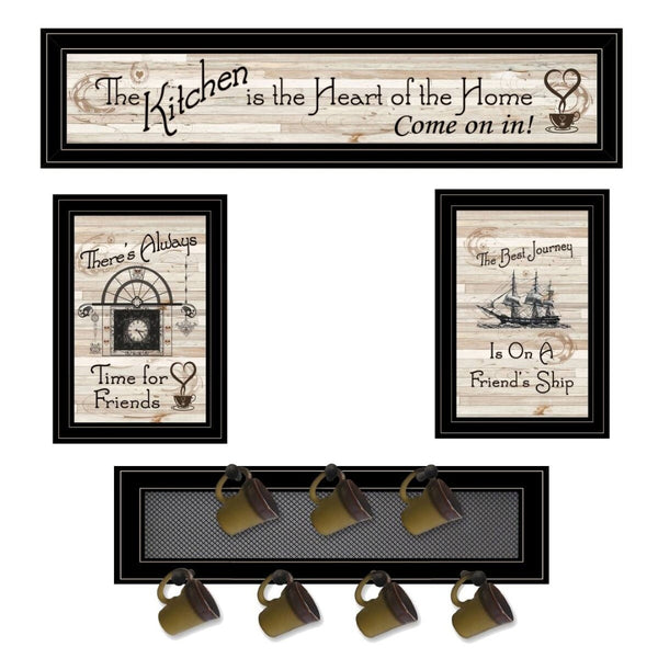 HomeRoots Set of Four Stylish Kitchen Wall Art Prints with Functional Mug Rack for a Chic Decor Upgrade 406670