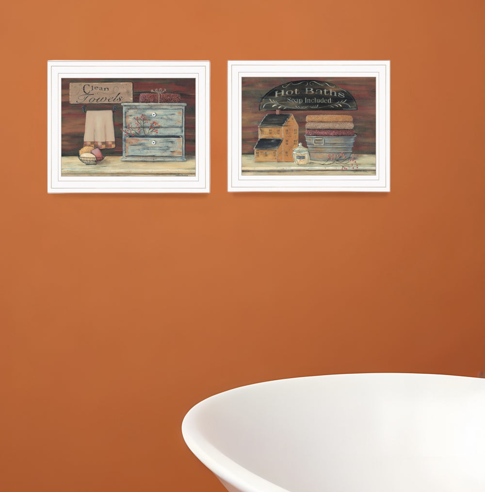 Homeroots Set Of Two Hot Bath Or Clean Towels 1 White Framed Print Bathroom Wall Art  Wood Product Paper Print Uv Coating 406671